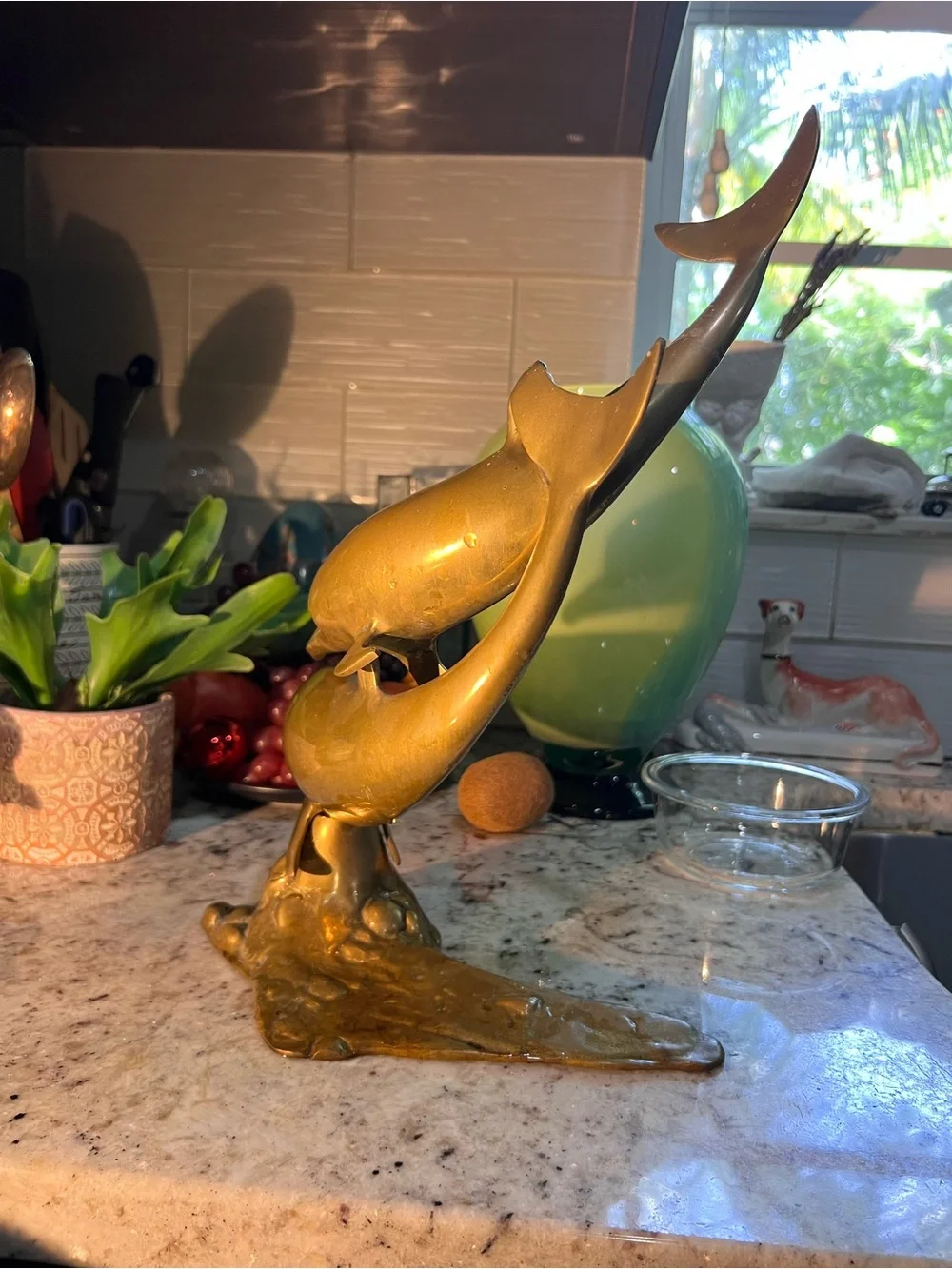 Mid Century Golden Brass Dolphin Duo Sculpture Tall!